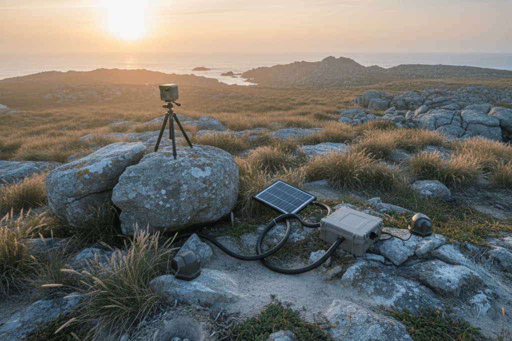 Wide shot of rugged coastline with discreet conservation tech like cameras and solar panels amid thriving bird habitat under natural light