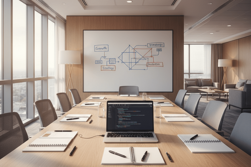 Warmly lit office training area with notebooks, laptop, and diagrams, showcasing structured learning for employee growth
