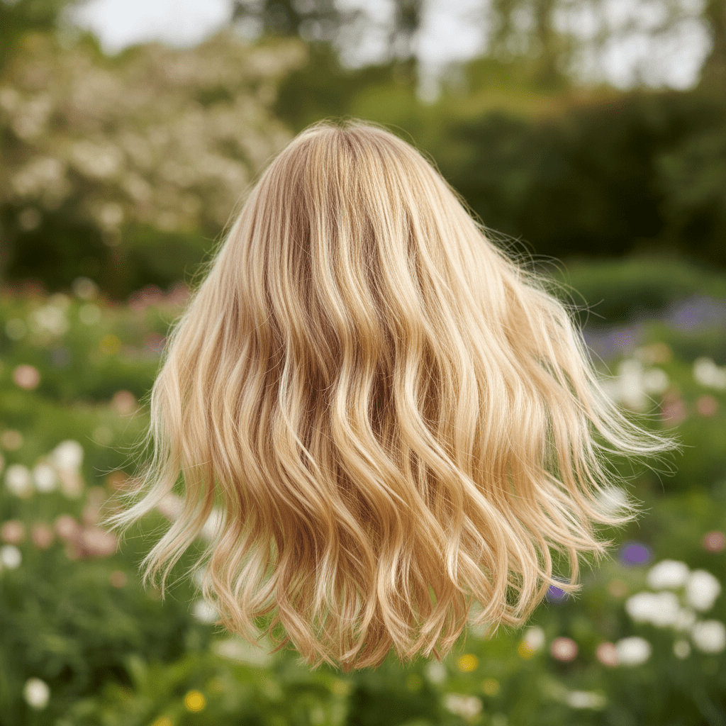 Medium shot of blonde hair with golden luminosity, gently waving in soft daylight.