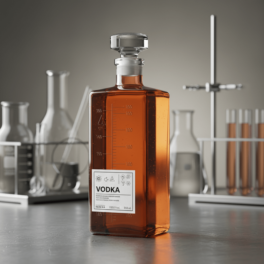 Modern amber glass vodka bottle with measurement markings on brushed steel.