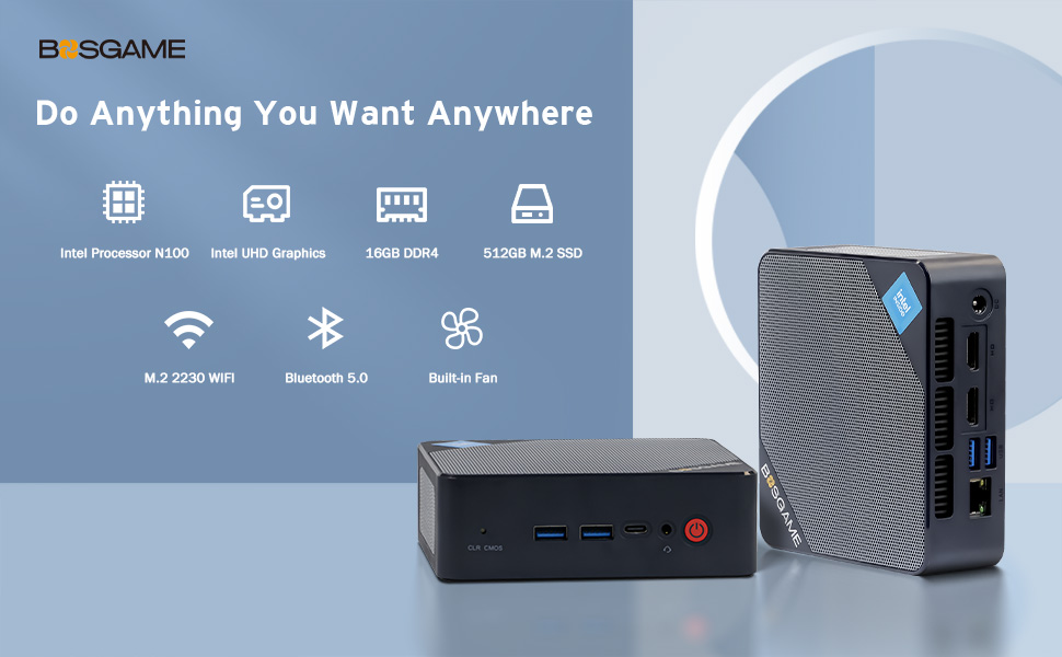 BOSGAME N100 Mini PC - 16GB RAM, 512GB SSD, 4K Display