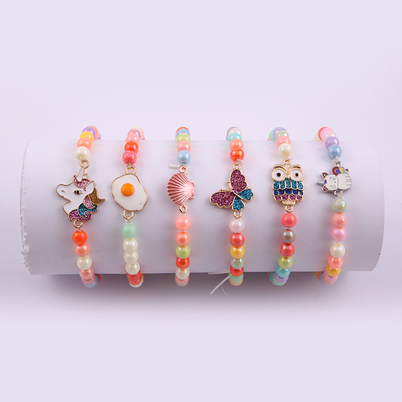 JOJO Wholesale Custom New Design DIY Cartoon Color Cute Unicorn Butterfly Charm Acrylic Elastic Bead Kids Bracelet