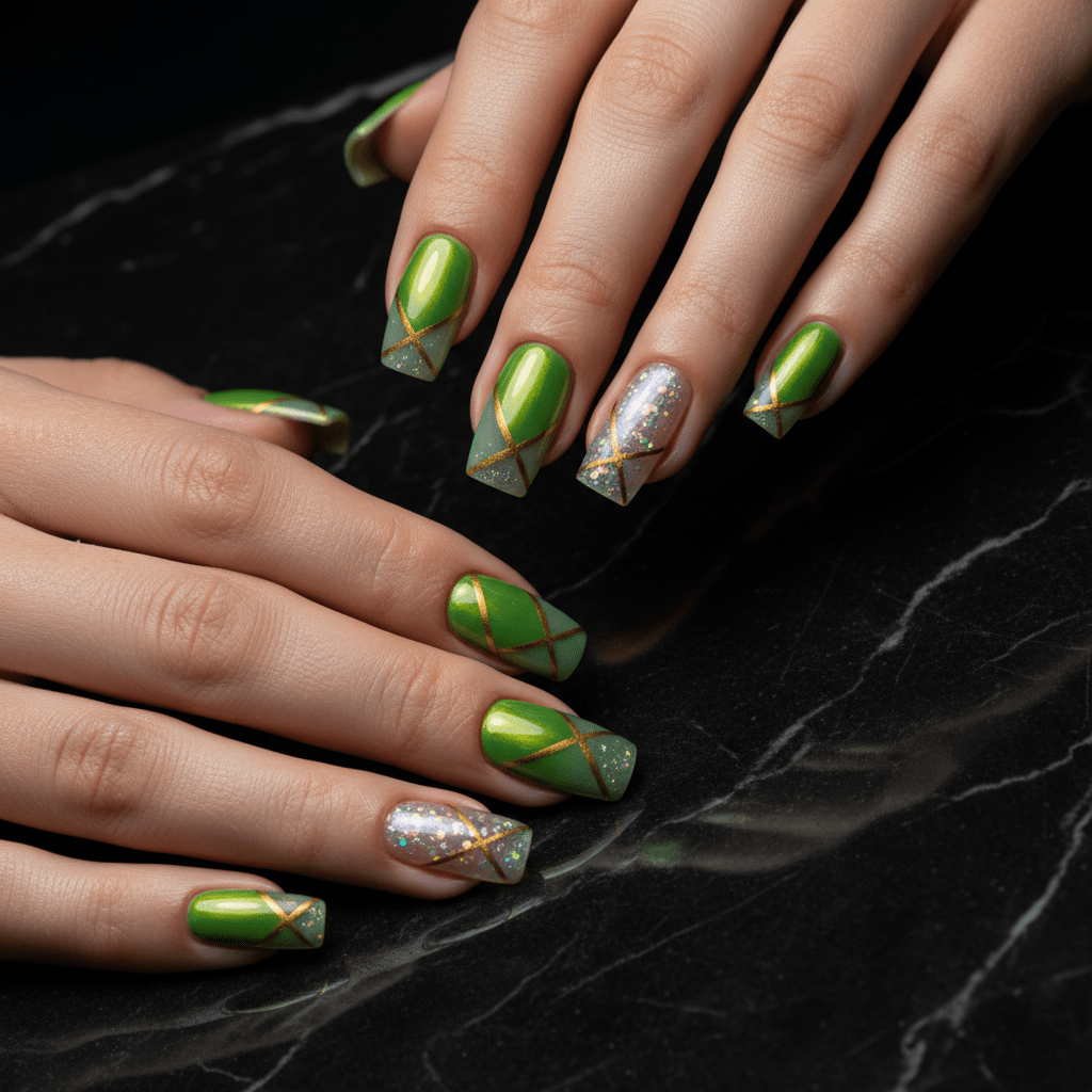 Abstract geometric nail art with chartreuse, translucent, and pearlescent sparkle on marble.