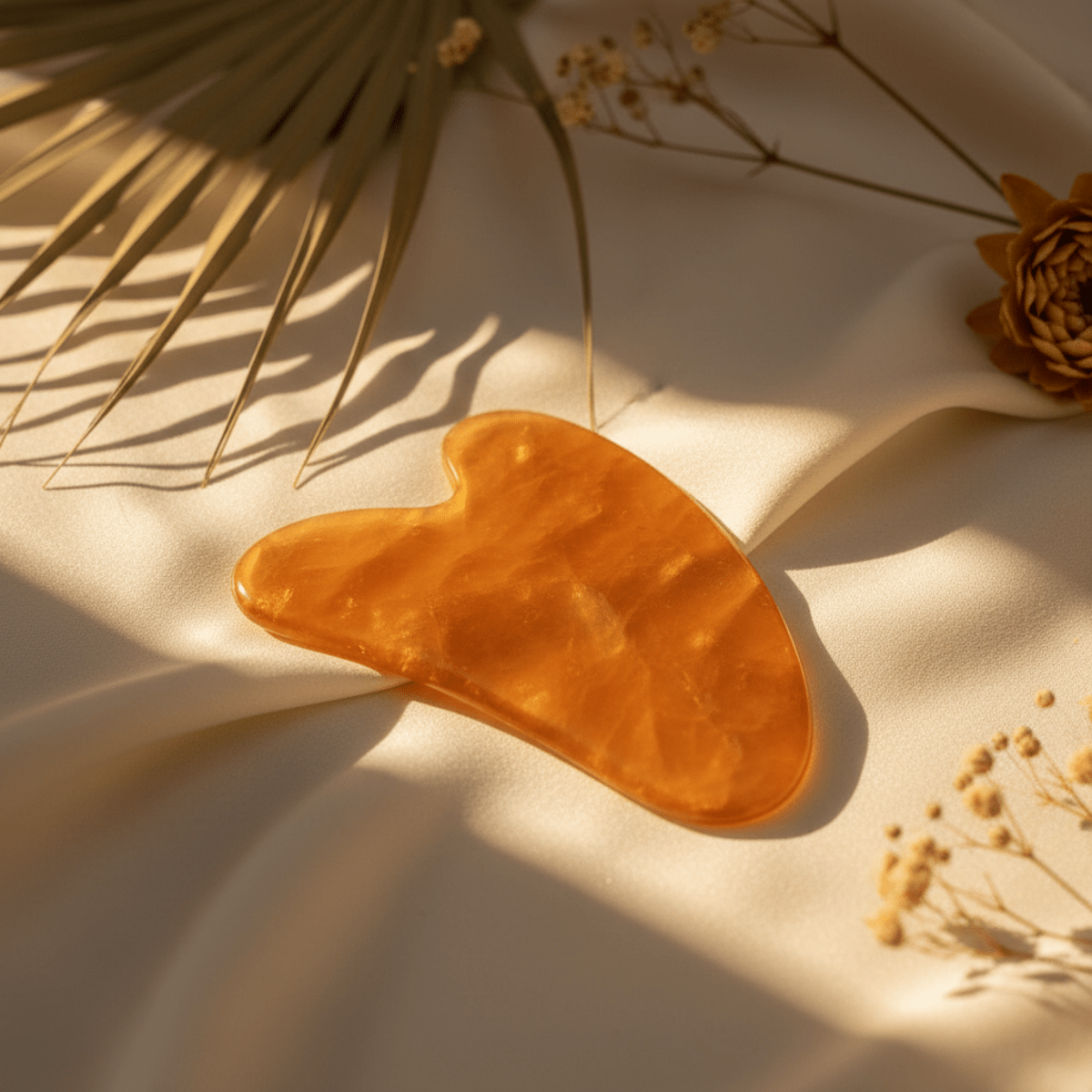 Vibrant lab-grown citrine gua sha tool on cream fabric, polished glass-like surface.