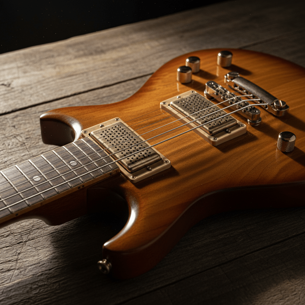 Close-up of baritone guitar pickup with antique covers and polished metal details.