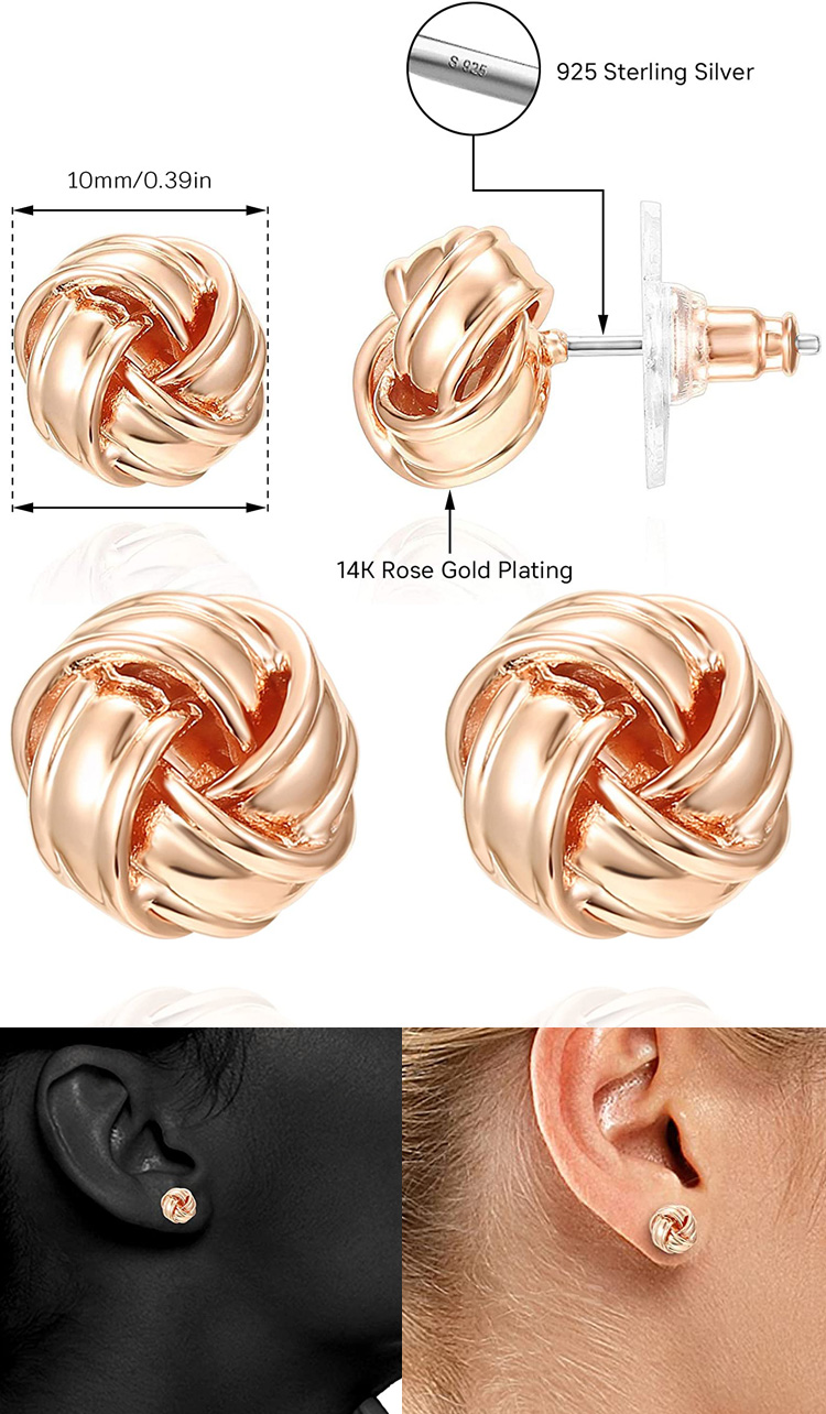 latest fashion women earrings jewelry 14k rose gold plated 925 sterling silver knot stud earrings