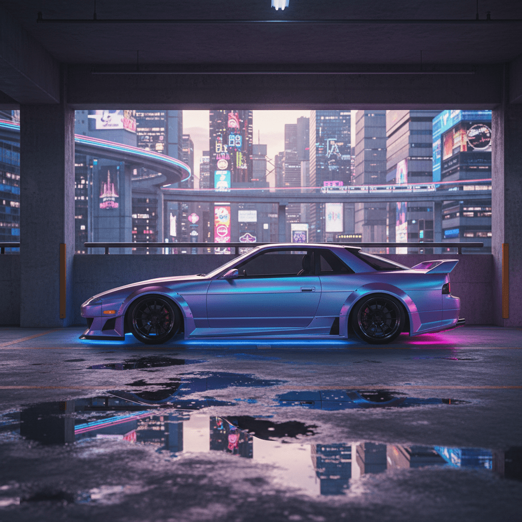 Retro coupe with synthwave details and RGB underbody lighting in a neon parking garage.
