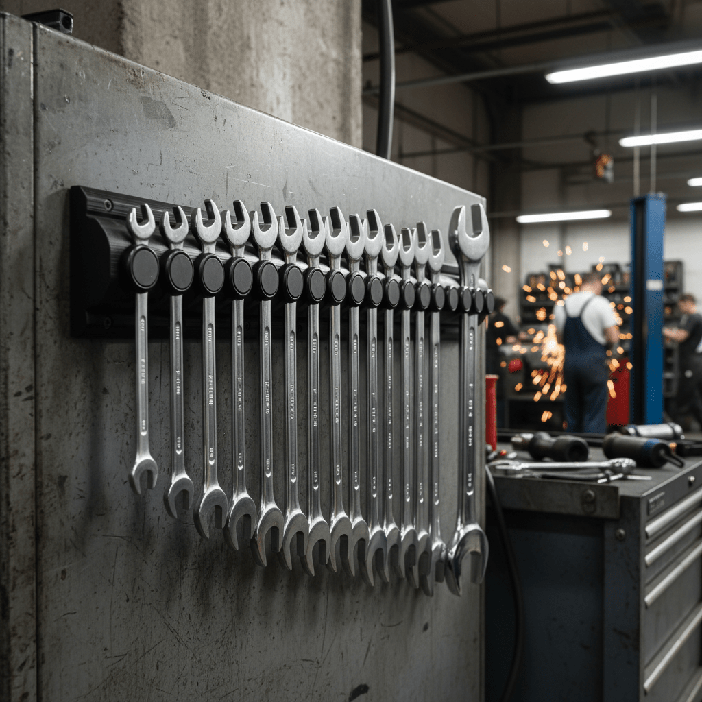 Matte black magnetic rail holding chrome wrenches vertically in a busy auto shop.
