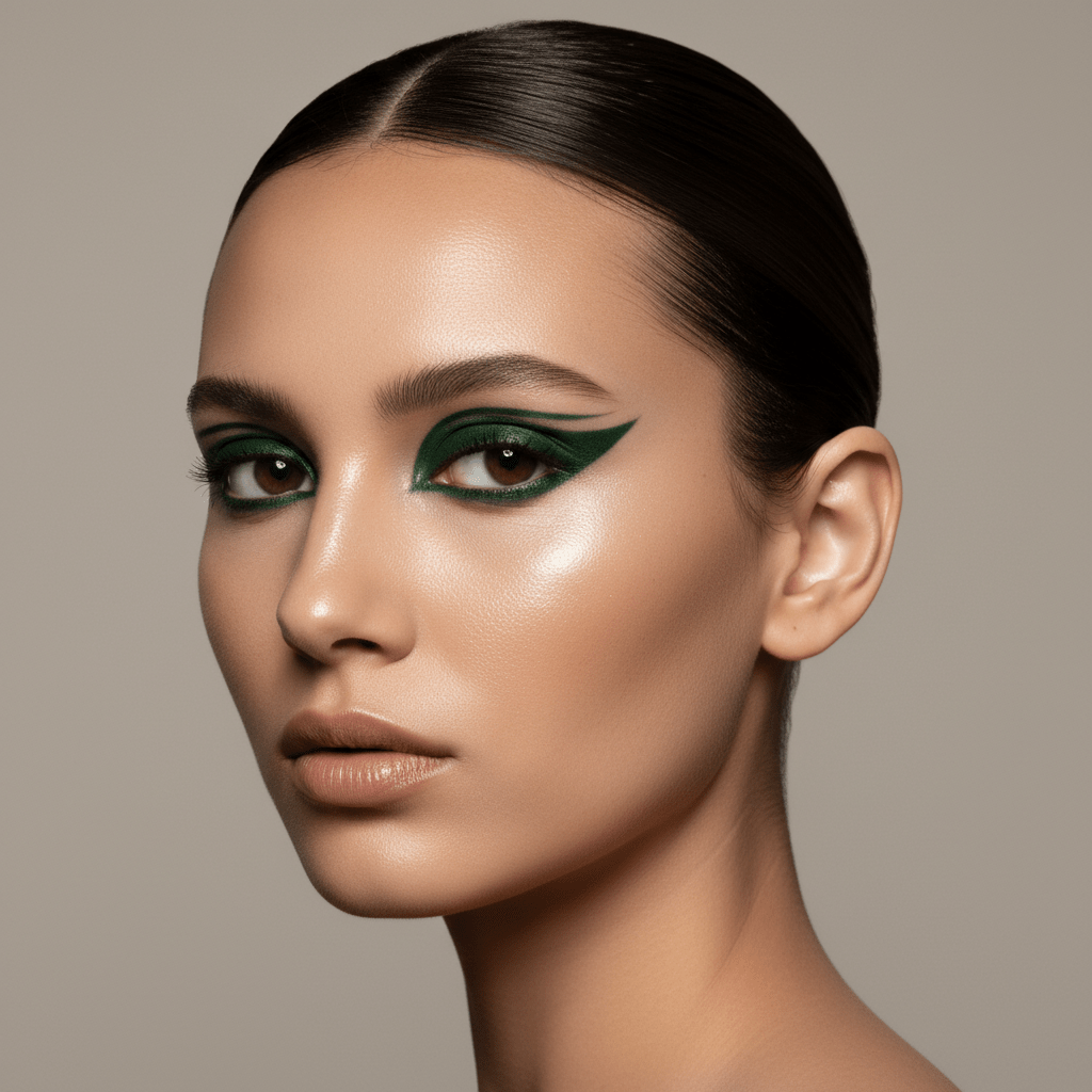 Model with avant-garde forest-green graphic eyeliner and radiant skin.