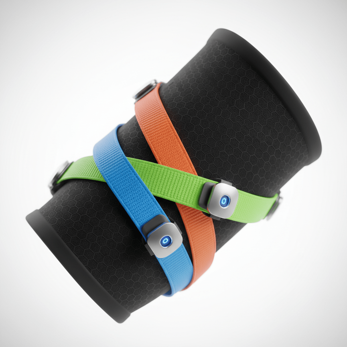 Futuristic elbow brace for tendonitis with textured sleeve and color-coded straps.