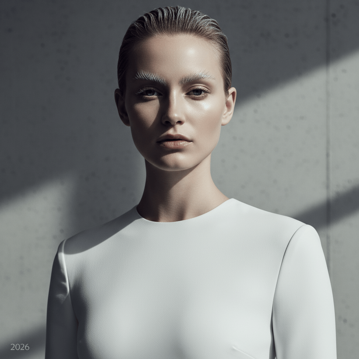 Model with glossy laminated skinny brows and minimalist makeup, styled for a runway look.