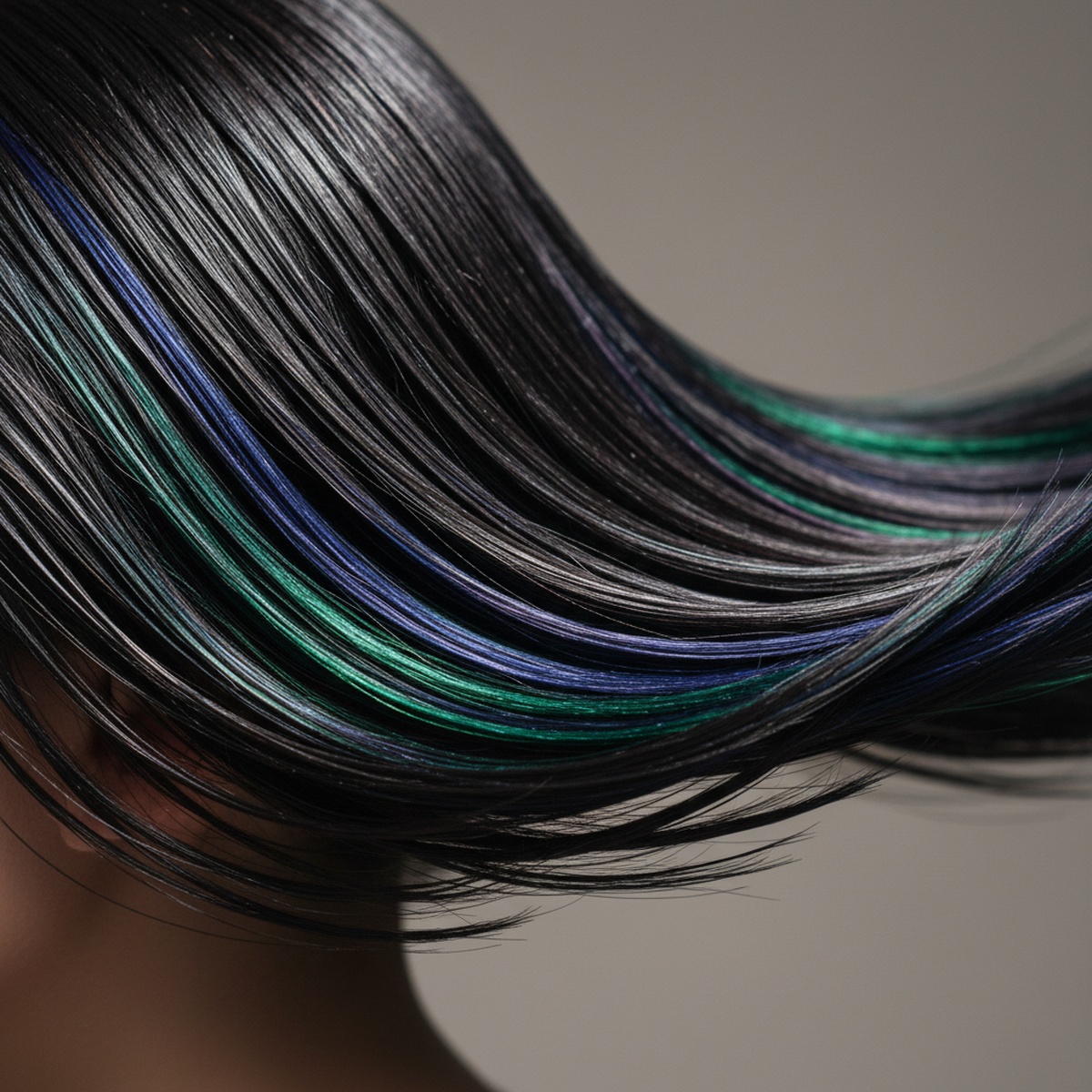 Sleek, glossy hair with hidden jewel-toned panels and holographic shimmer.