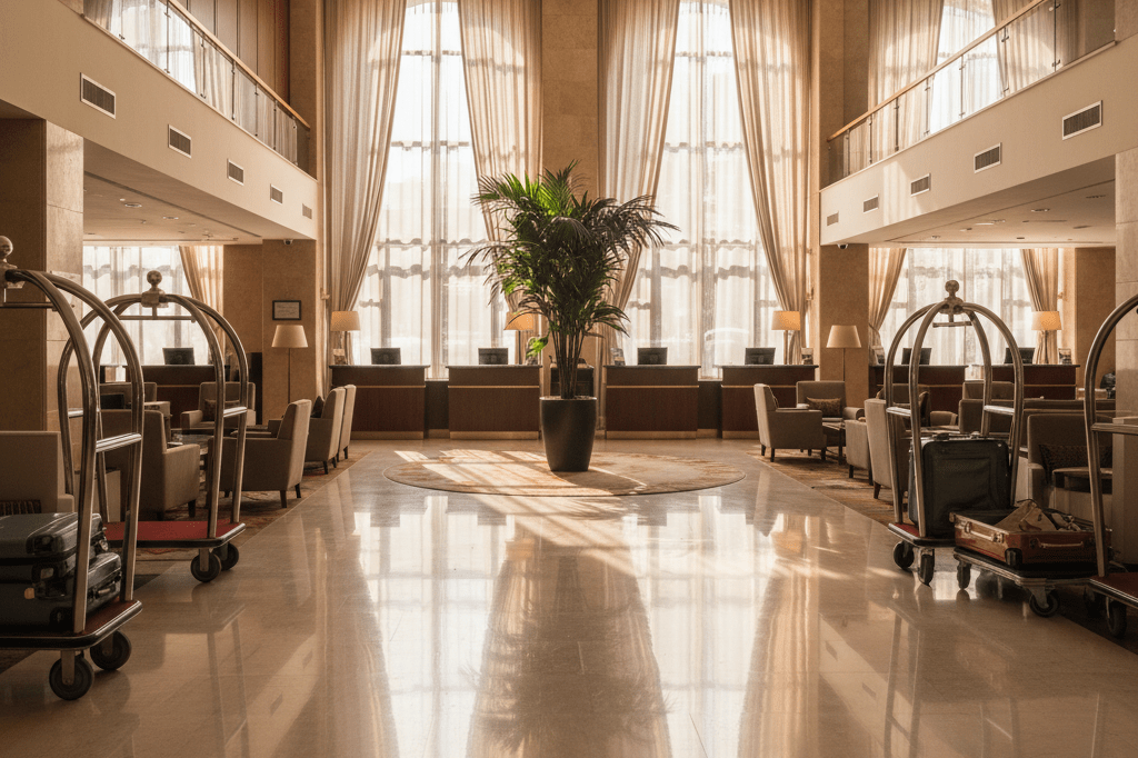 Empty hotel lobby with check-in counter and luggage carts under natural light, illustrating effects of large-scale booking disruptions
