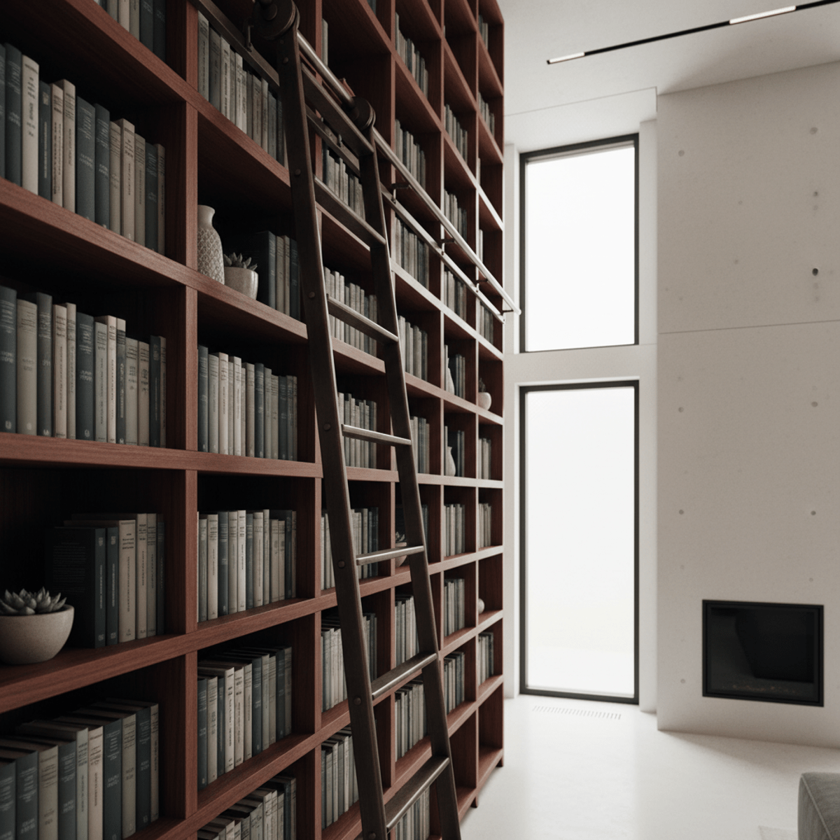 Burnished metal sliding ladder on a towering mahogany bookshelf in a minimalist home study.