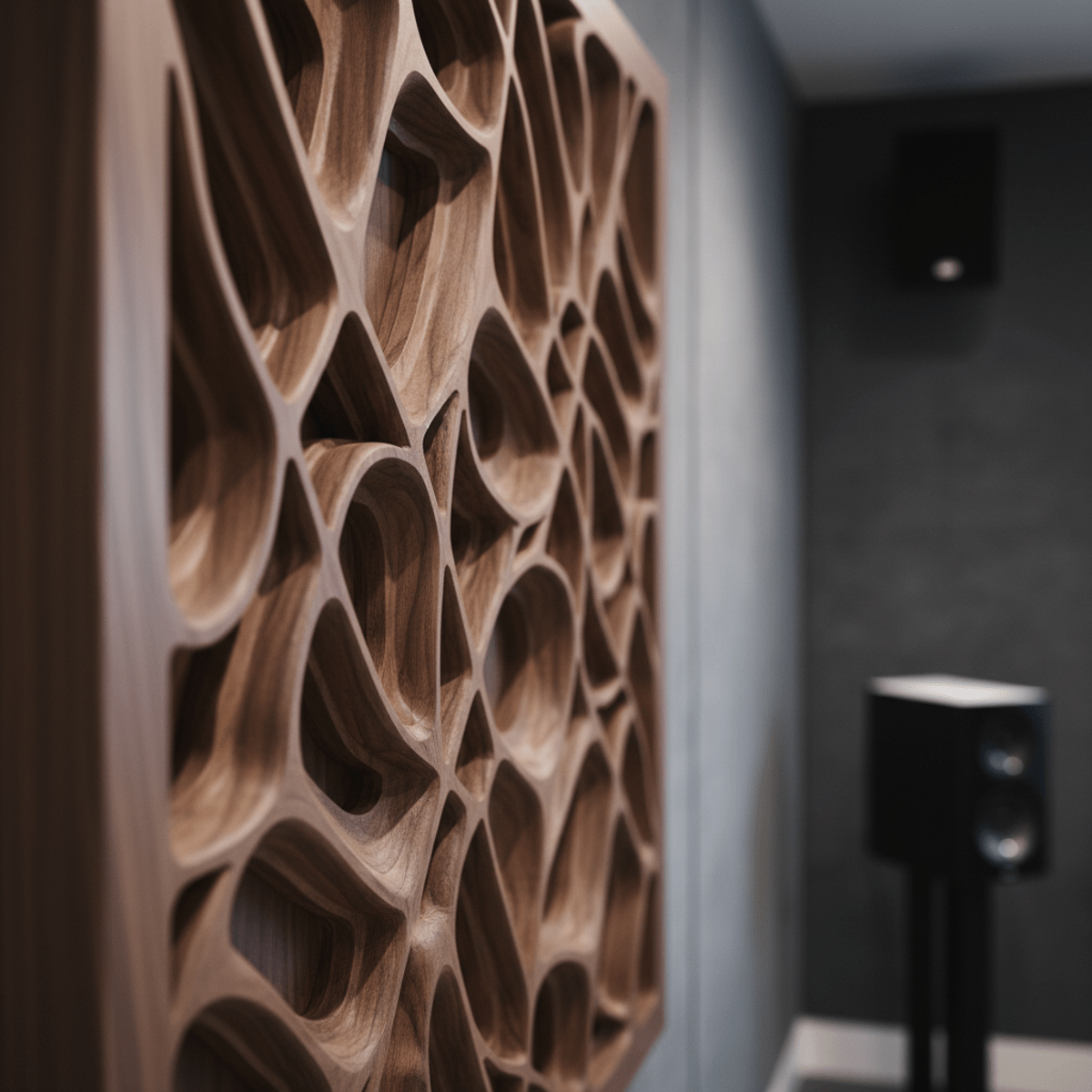 Intricate fractal patterns carved into walnut acoustic panel in modern home theater.