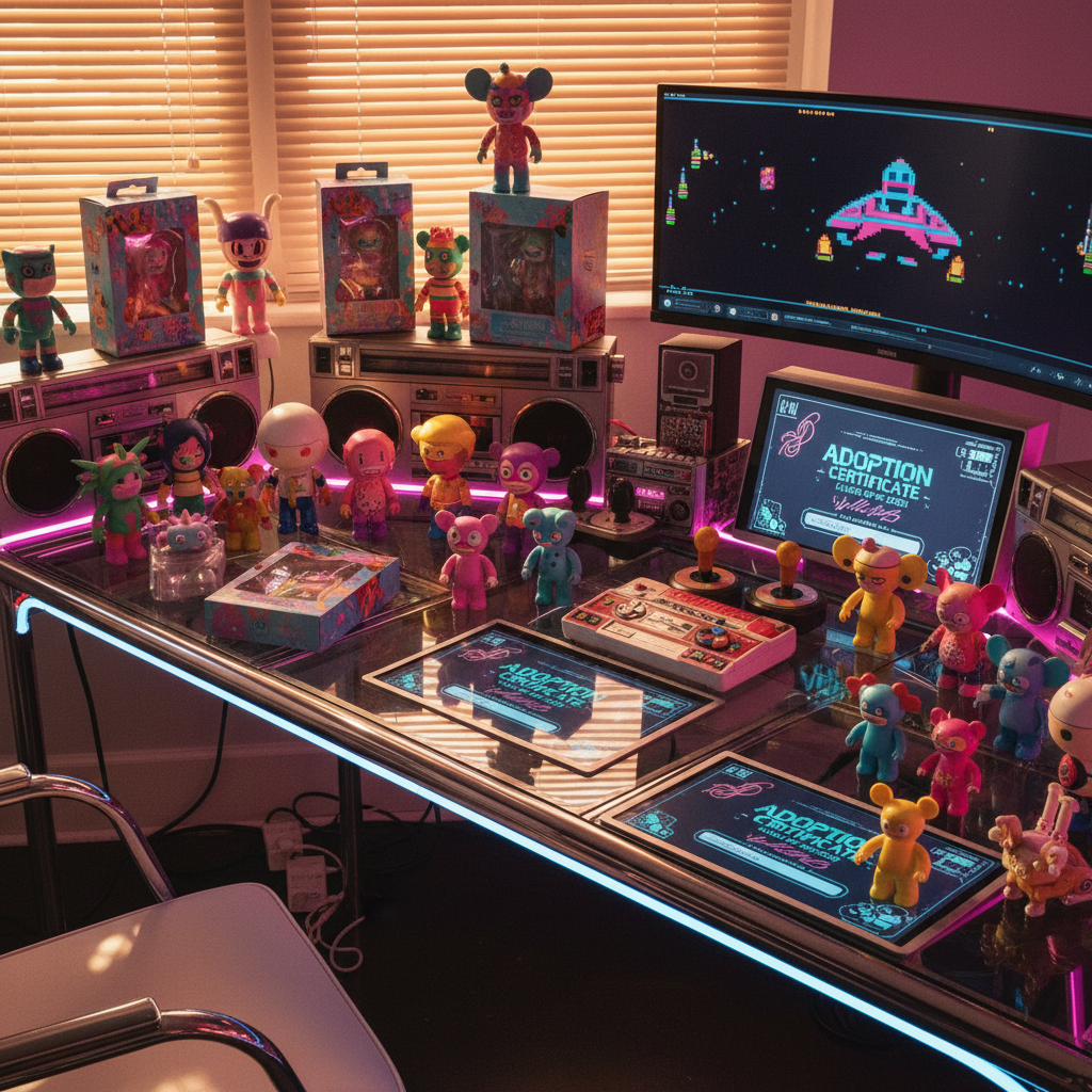A collector's desk with 80s toys, modern art figures, and holographic certificates.