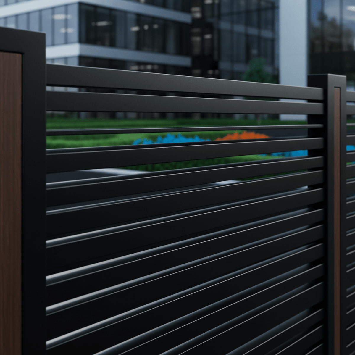 Matte black horizontal corrugated metal fence panels with crisp linear patterns and subtle texture.