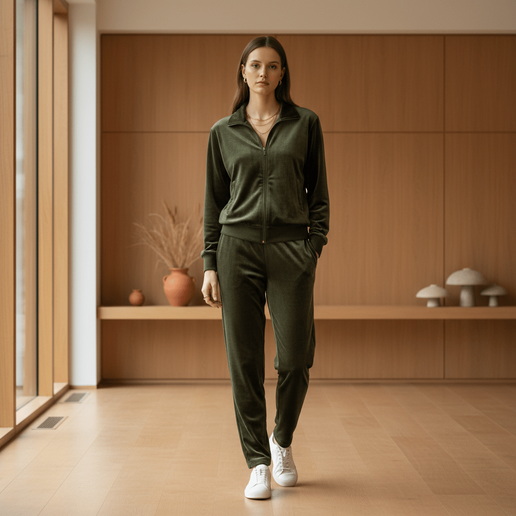 Model in olive green velvet tracksuit in minimalist interior, soft daylight.