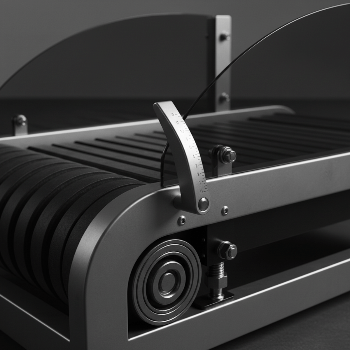 Close-up of a dog slatmill's manual incline lever and locking mechanism.