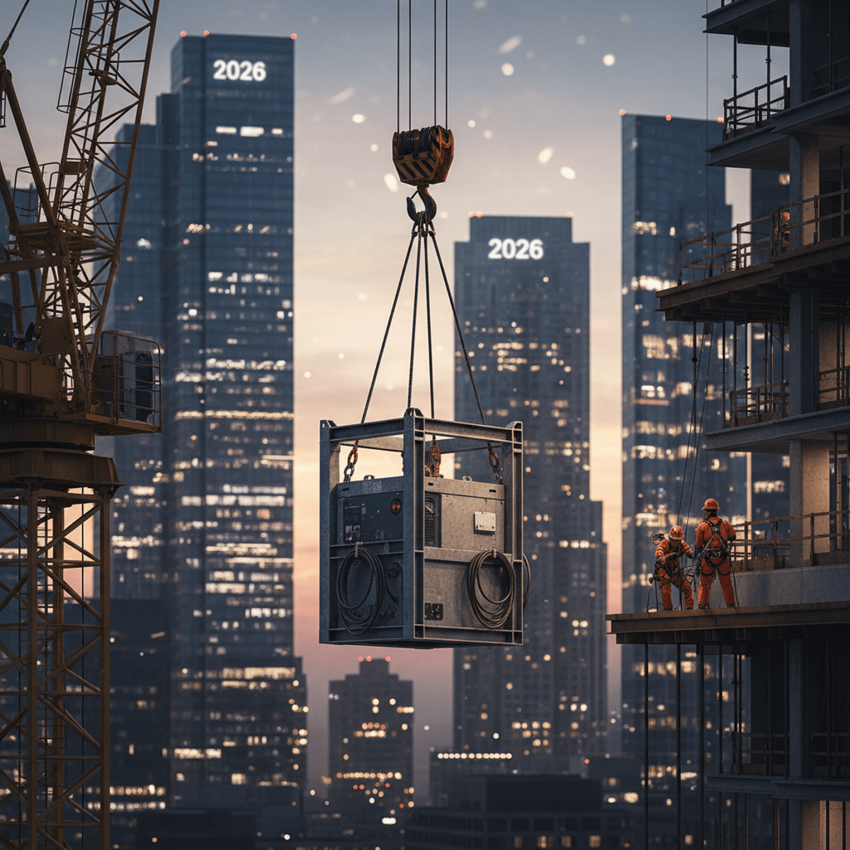 Electric welding plant lifted by crane against a glittering city skyline at dusk.