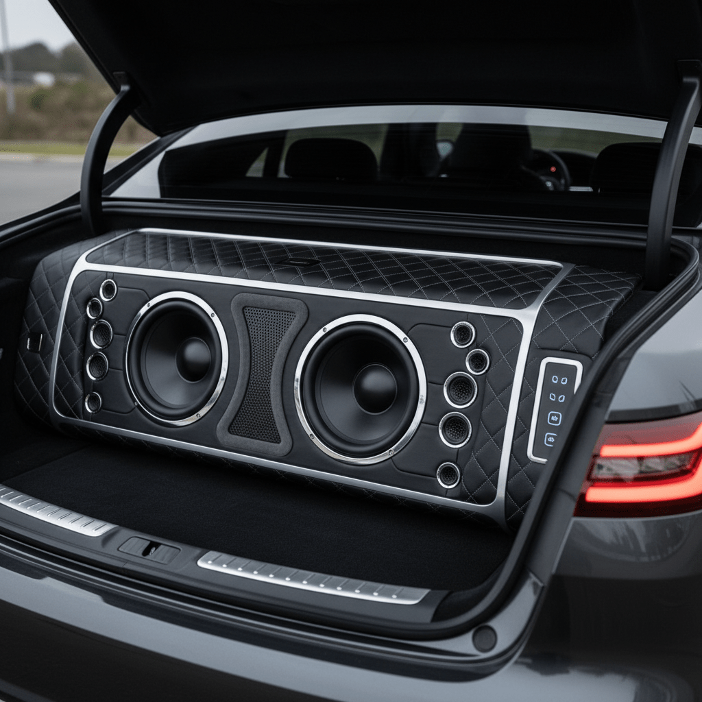 High-end chuchero box with leather and Alcantara in a luxury car trunk.