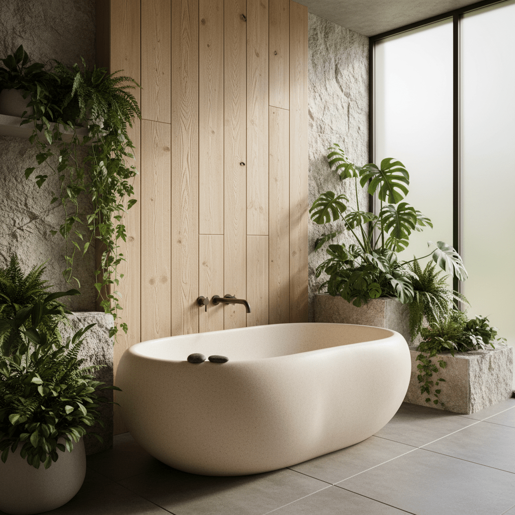 Minimalist spa bathroom with a recycled stone soaking tub and lush plants.