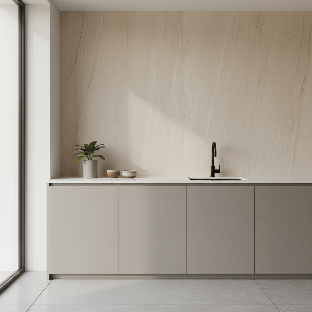 Warm beige matte marble wall panels in a tranquil modern kitchen interior.