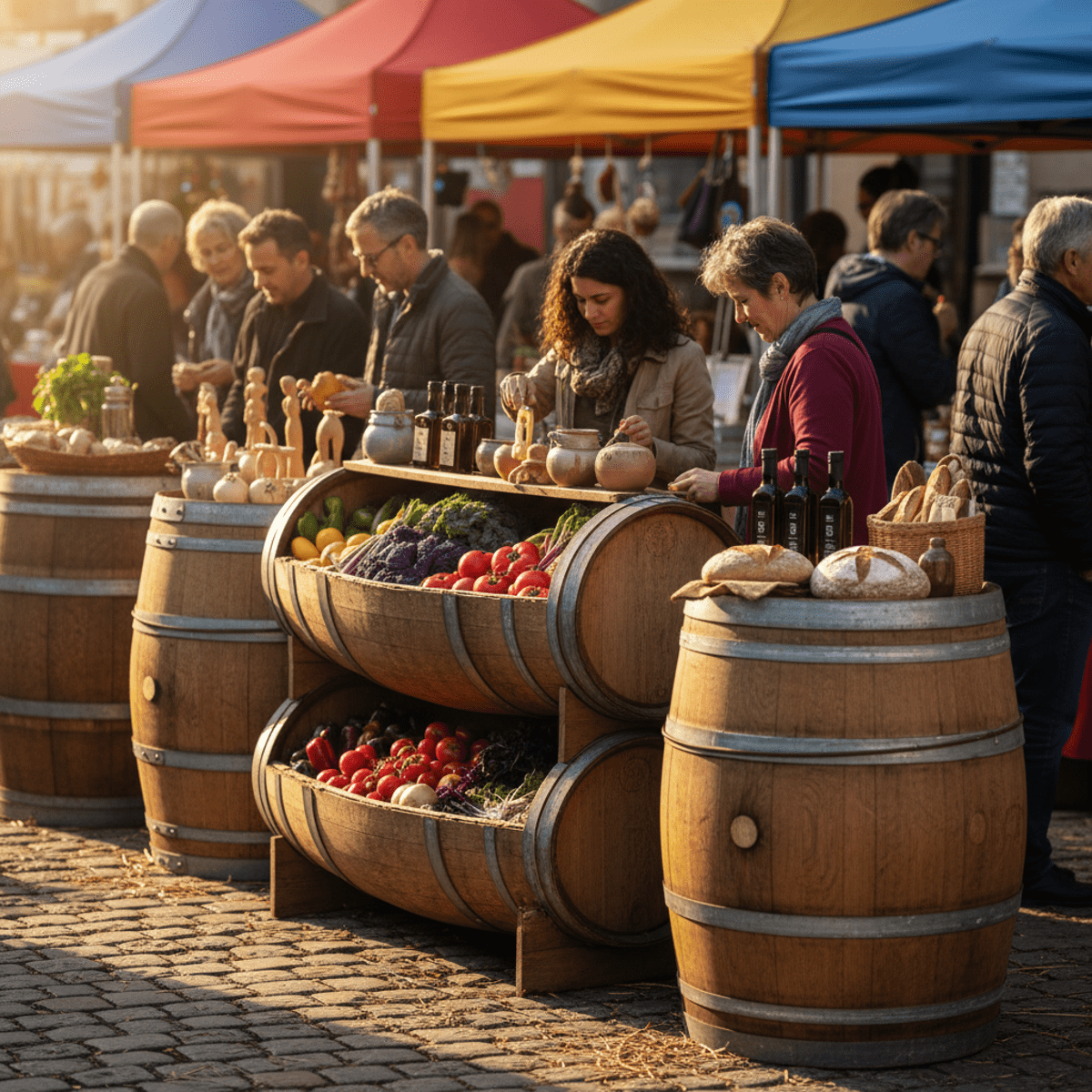 Repurposed barrels form modular displays at a vibrant outdoor farmers' market.
