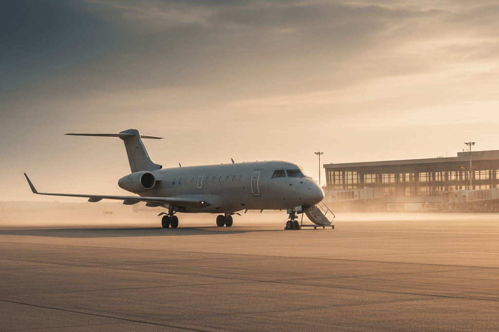 Medium shot of a motionless regional jet on a quiet tarmac at sunset, no people or branding visible, natural lighting