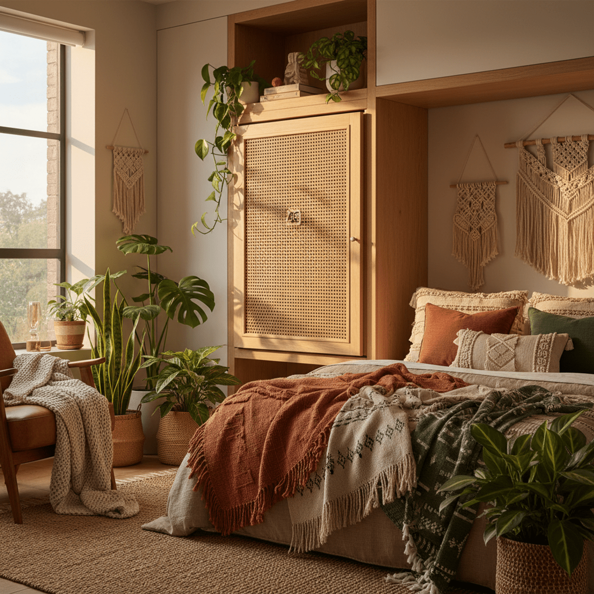 Bohemian bedroom with concealed AC and rattan cane webbing Low cost AC hidden by artisanal rattan cane webbing in a cozy bohemian bedroom.