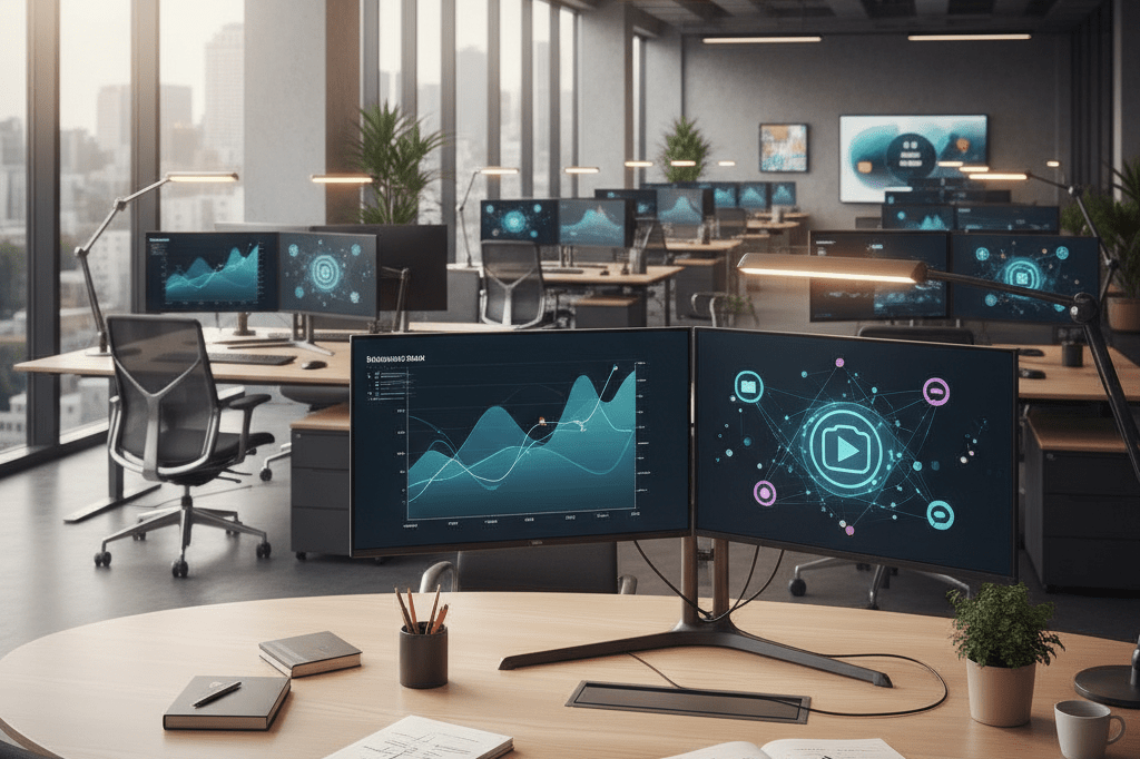 Wide-angle view of a stylish analytics office with abstract data visualizations and planning materials under natural lighting