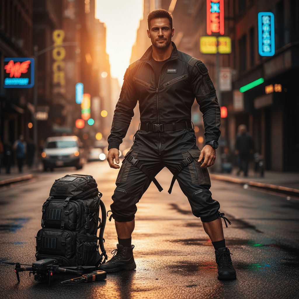 Man in matte nylon tech jumpsuit with zip-off shorts on wet street.