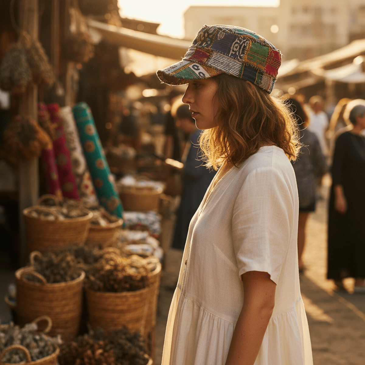 Unique women's cap from upcycled vintage fabrics with geometric patterns and visible stitching.