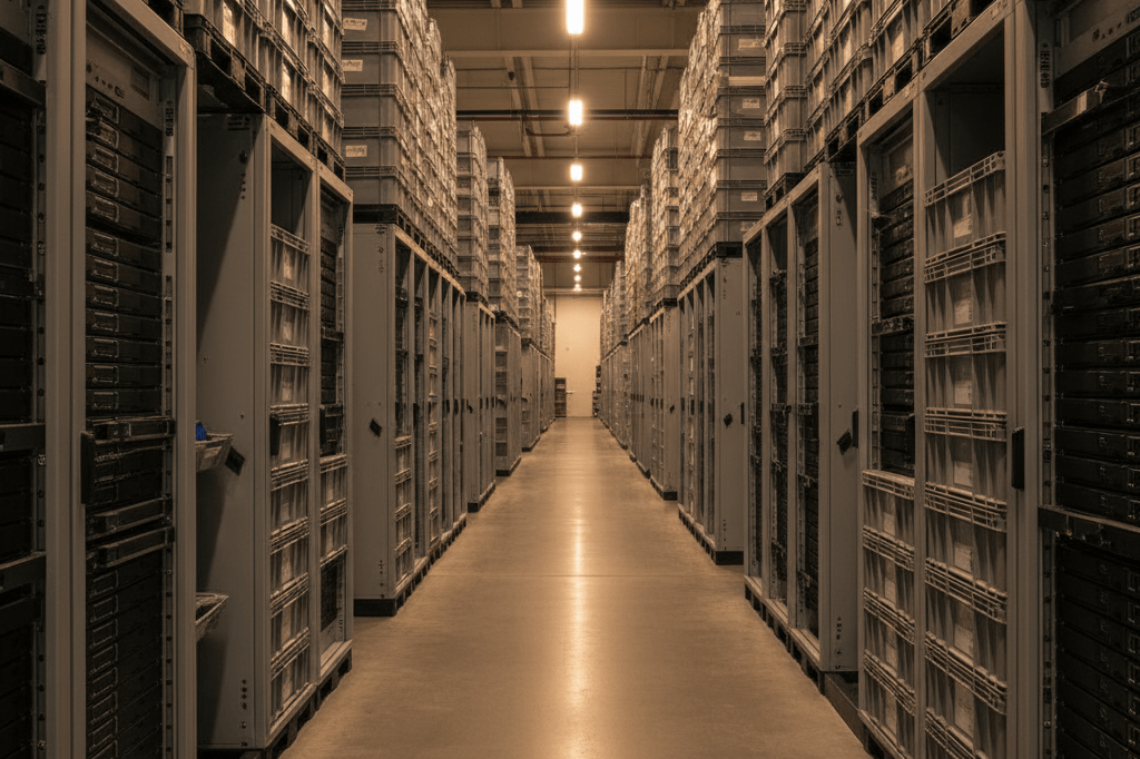 Rows of unbranded server racks and crates in a warehouse showing AI chip supply chain strain