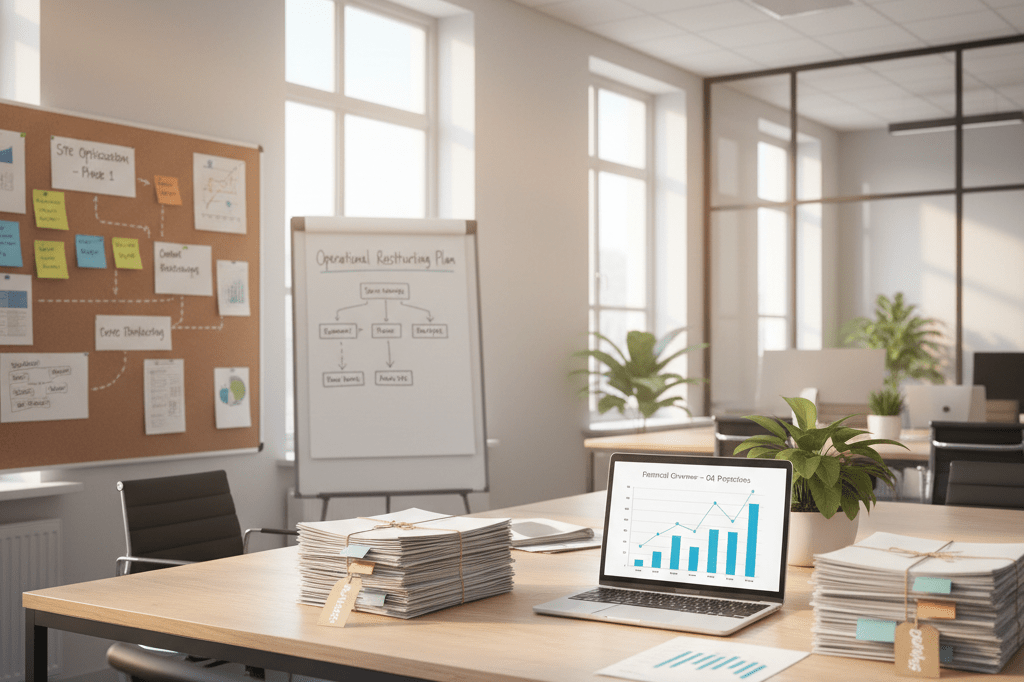 Organized office workspace symbolizing retail portfolio restructuring Desk with documents, laptop showing financial charts, and corkboard under warm ambient light, representing strategic asset optimization