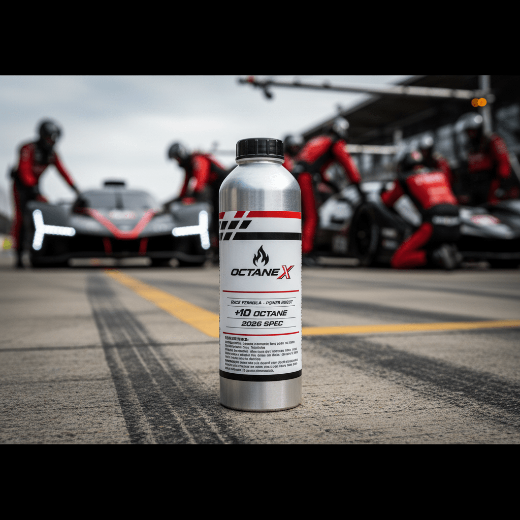 Sleek octane booster bottle on weathered pit lane with blurred racing cars.
