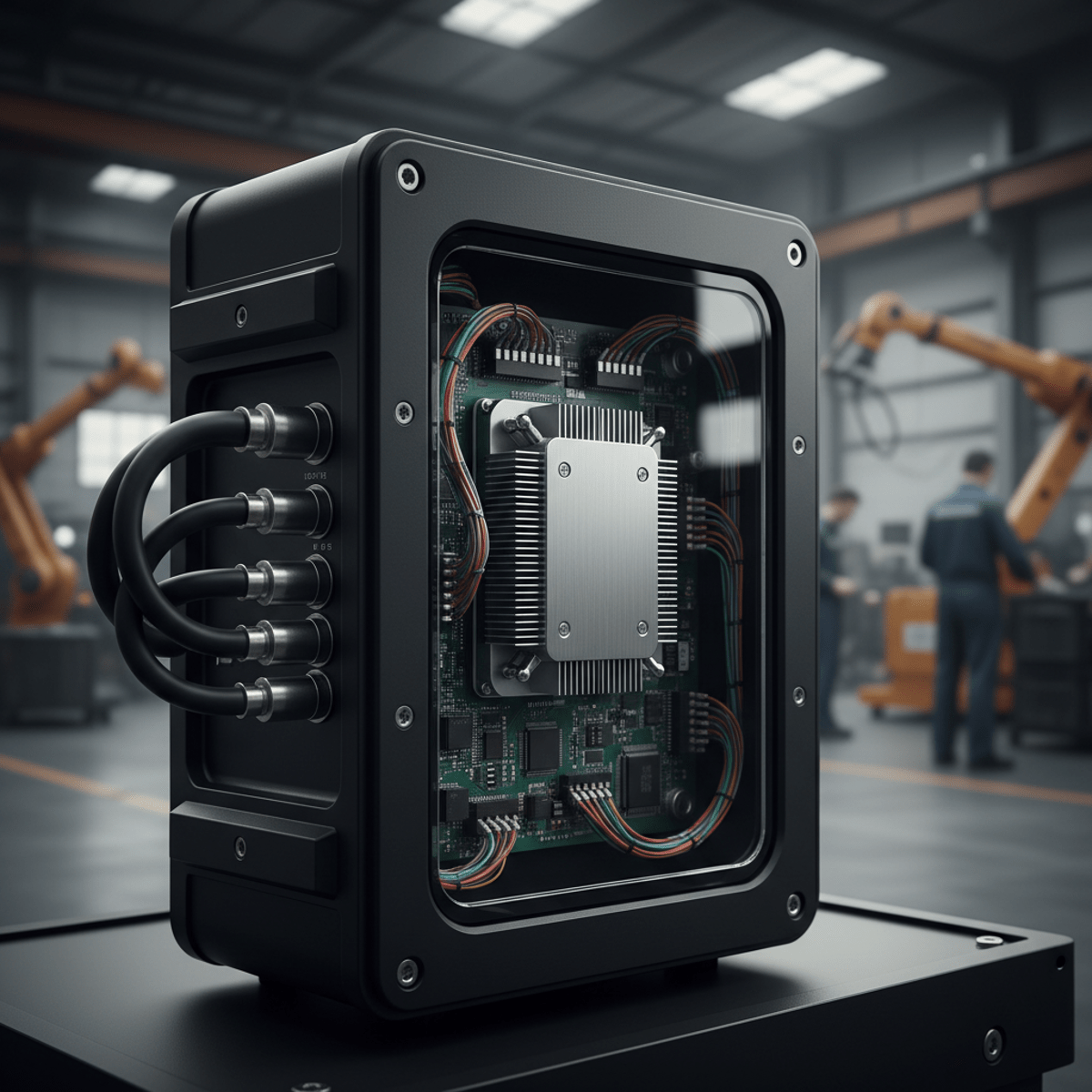 Close-up of rugged embedded PC with visible circuits and heat sinks in factory.