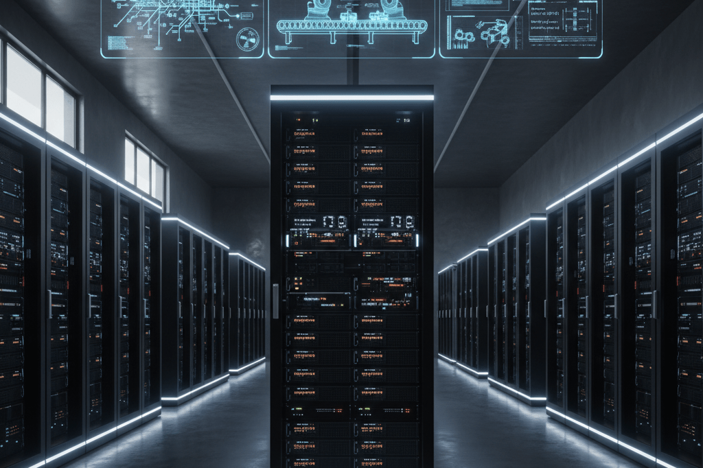 High-tech data center showcasing AI hardware applications in transportation, manufacturing, and computing under ambient LED lighting
