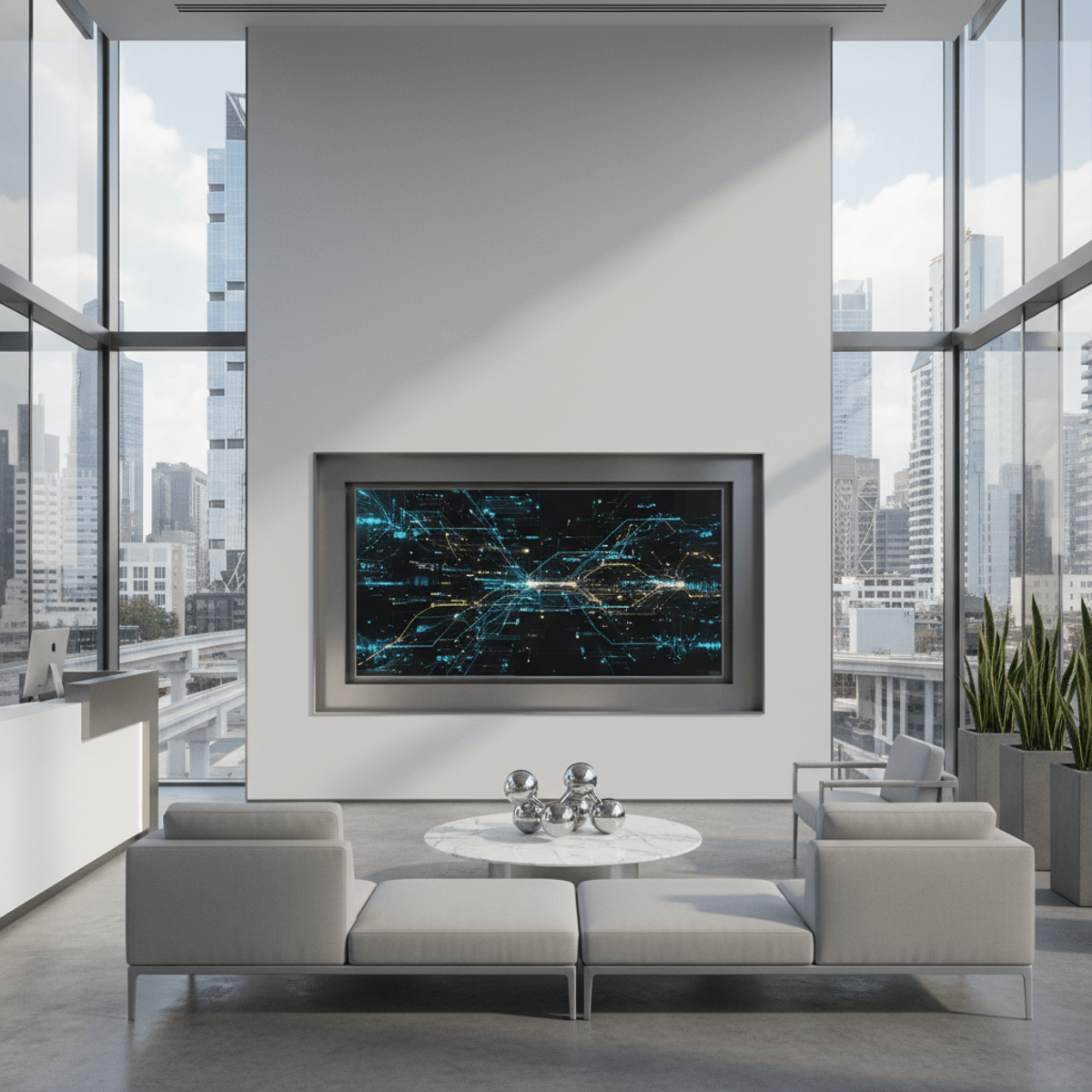 Sleek corporate reception with data visualizations on a large TV screen.