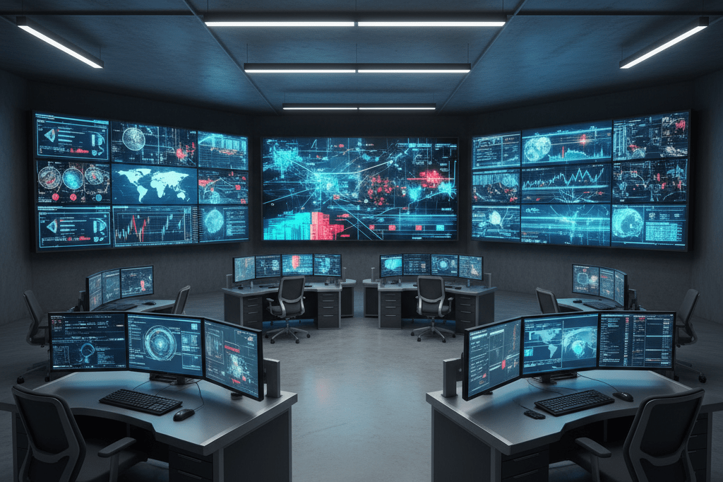 Wide-angle view of advanced monitoring hub with LED displays and workstations under ambient lighting, symbolizing efficient disruption management