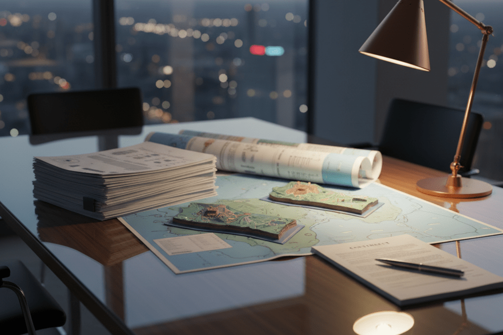 Conference table with offshore maps and contracts under warm light, symbolizing global oil licensing strategy