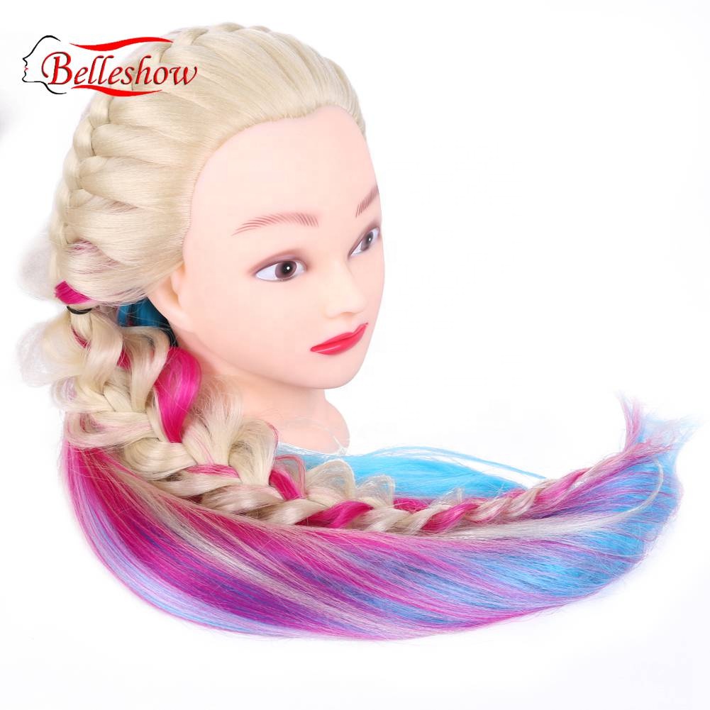 Оптовая продажа, шелковистая прямая тренировочная голова манекена Belleshow с волосами, синтетическая голова куклы, радужная тренировочная голова манекена
