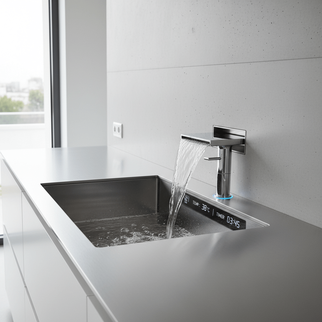 Sleek stainless steel kitchen sink with cascading water and digital display.