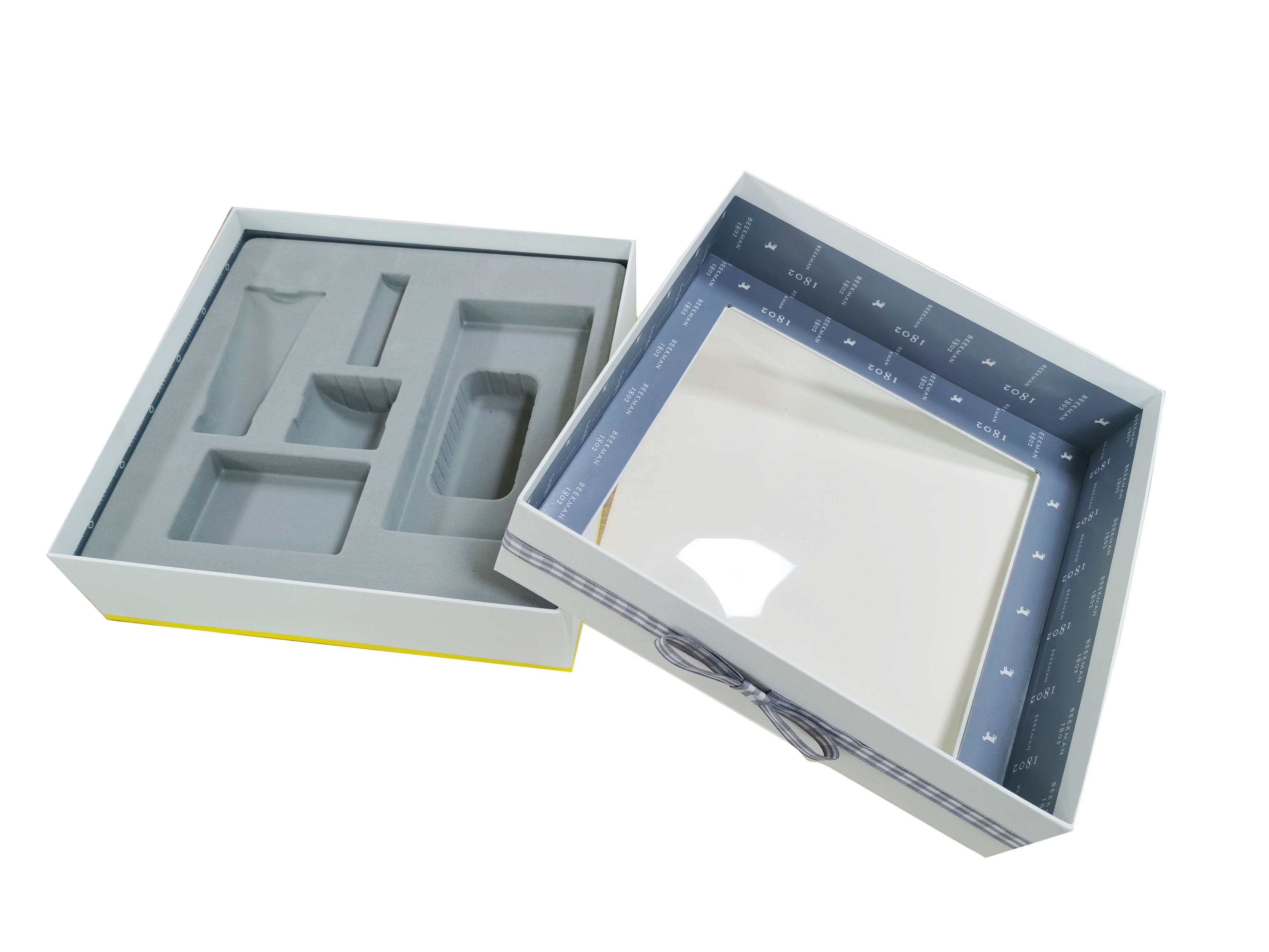 豪华灰色质感纸透明pvc窗户硬纸板礼品盒套装包装,带灰色植绒托盘