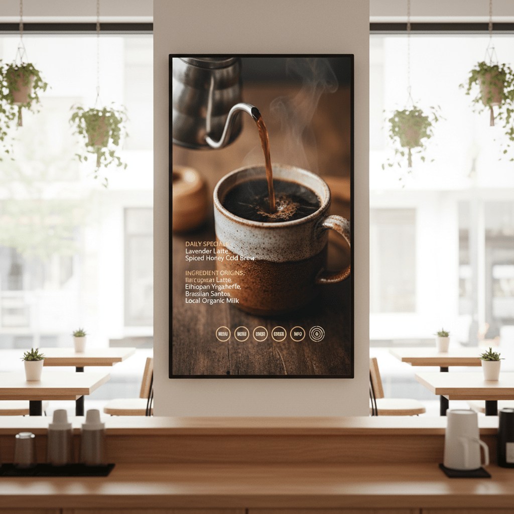 Vertical screen in cafe shows realistic coffee pour and daily specials.