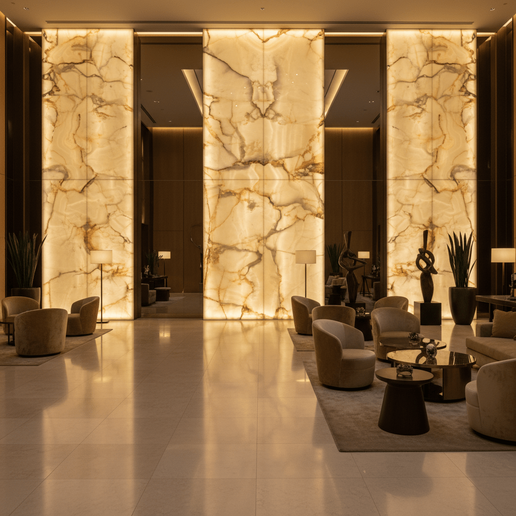 Luxurious hotel lobby with backlit translucent onyx marble wall panels and plush seating.