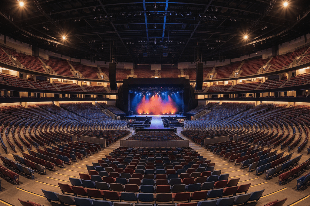 Wide shot of vacant arena with stage and seating under ambient light, symbolizing readiness for entertainment expansion