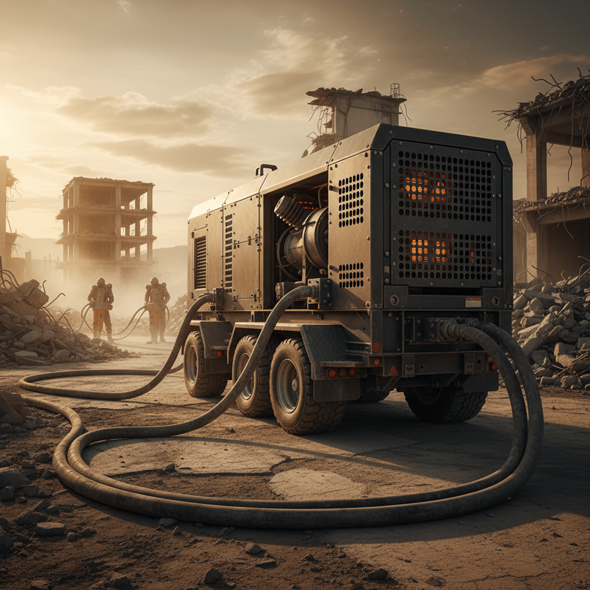 Large air compressor system on a trailer in a remote demolition zone.