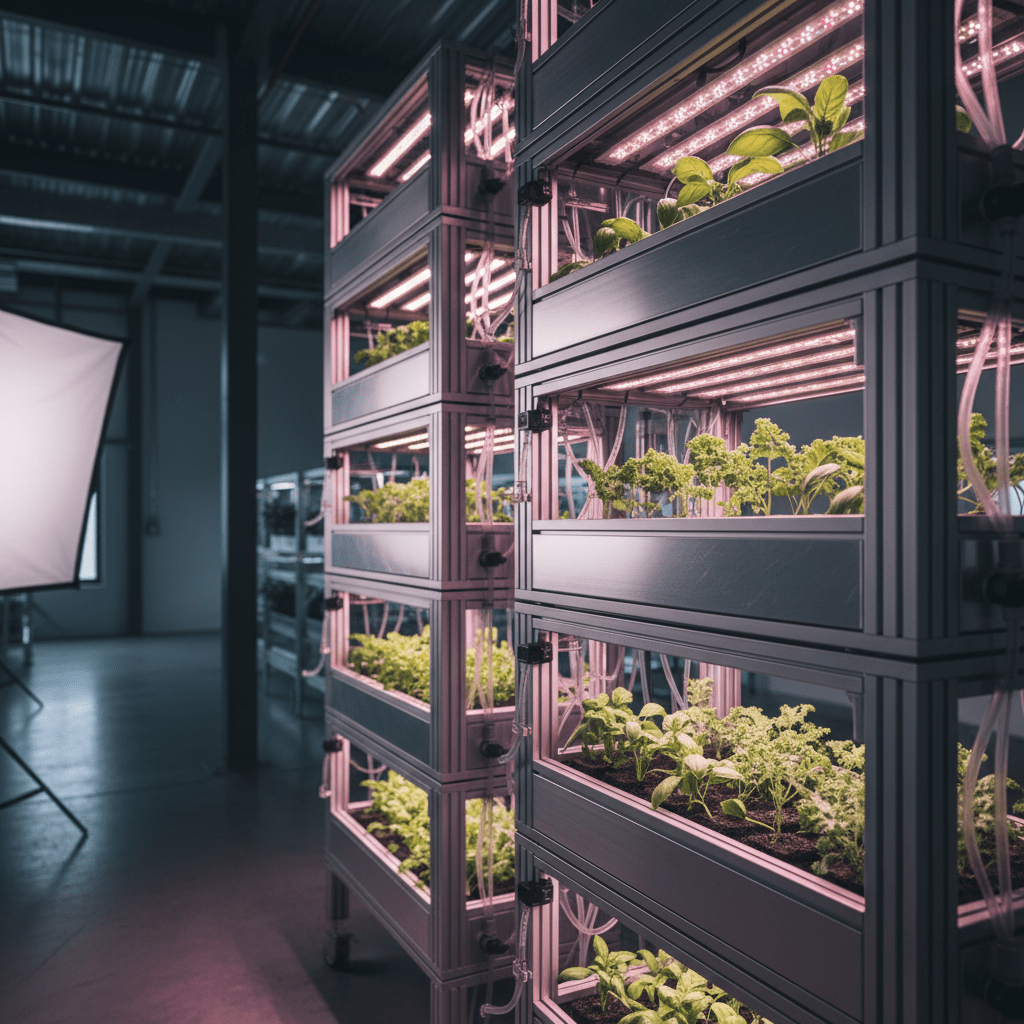 Futuristic vertical farm with aluminum frame, magenta LED lights, and lush plants.