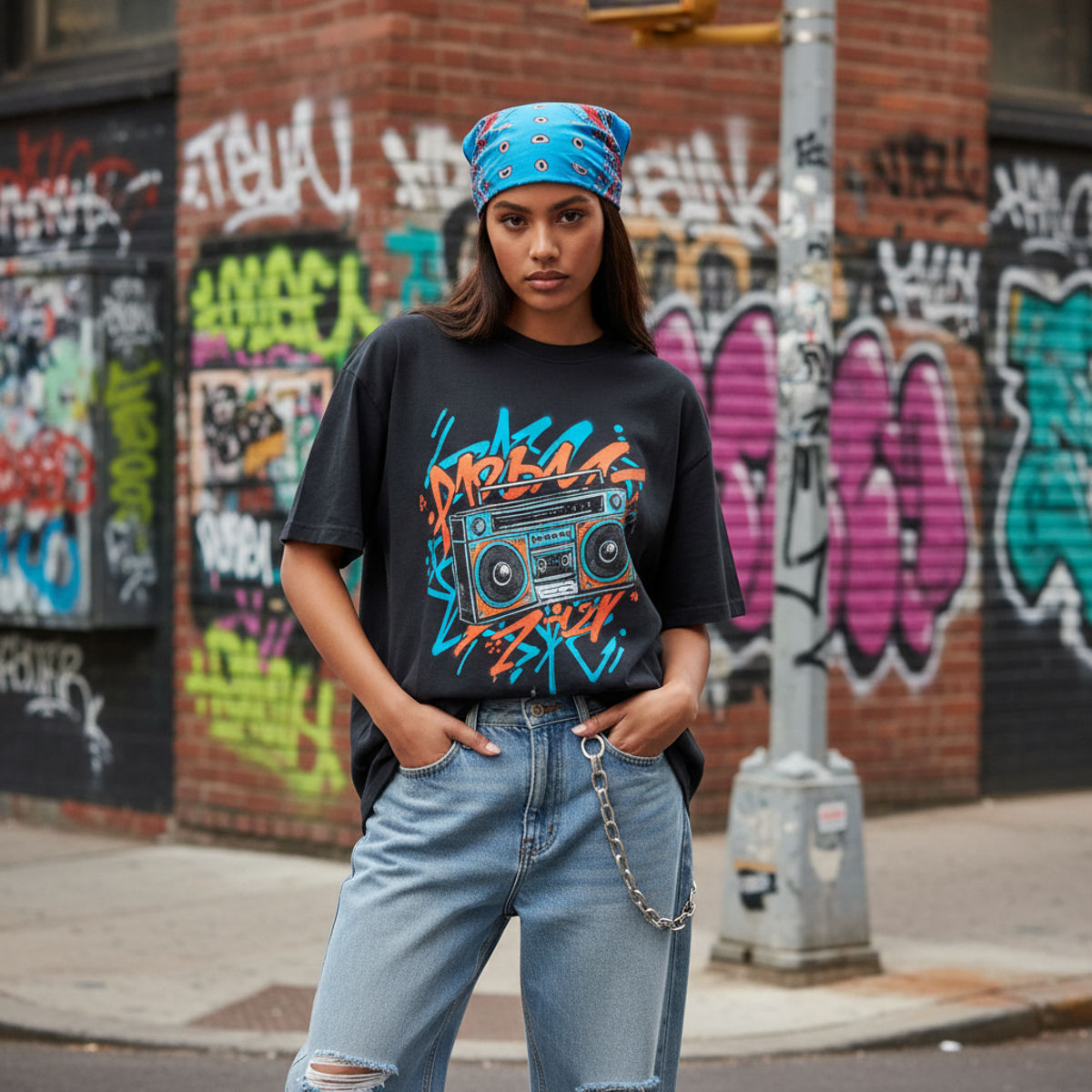 Young model in 2000s hip hop fashion with paisley bandana on urban street.